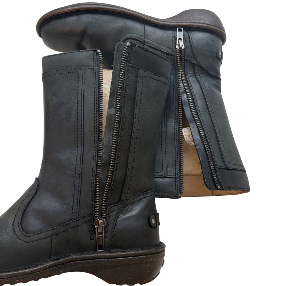 Ugg Boots Kaleen Black Leather Woven Mid Calf Shearling 1006083 Womens 6 Moto - Picture 8 of 10